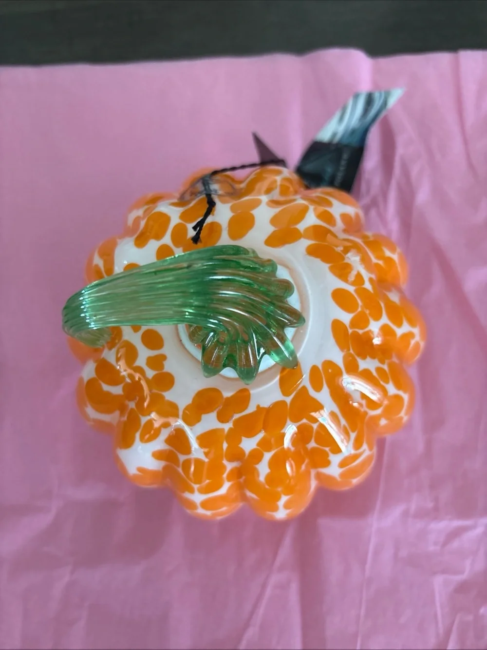 Handblown Glass White With Orange Spots Pumpkin Green Stem